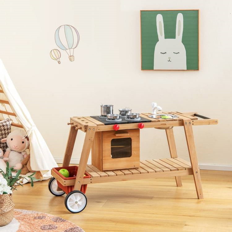 Kids Wooden Play Portable Cook Cart Set Navy/White Sun Proof Umbrella
