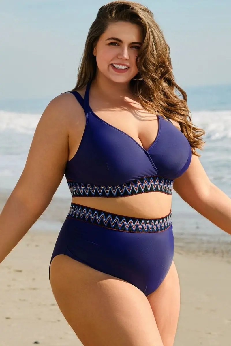 Accessories Love Salve Navy Bikini Plus Size Women's Vacation Swimsuit Embroidered Wrap Tie Detail
