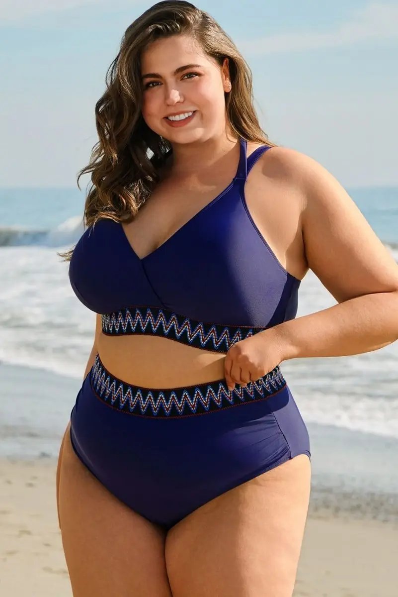 Accessories Love Salve Navy Bikini Plus Size Women's Vacation Swimsuit Embroidered Wrap Tie Detail