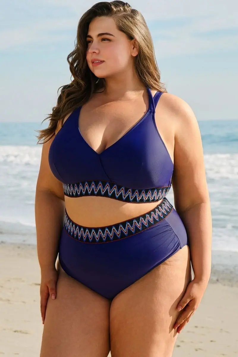 Accessories Love Salve Navy Bikini Plus Size Women's Vacation Swimsuit Embroidered Wrap Tie Detail