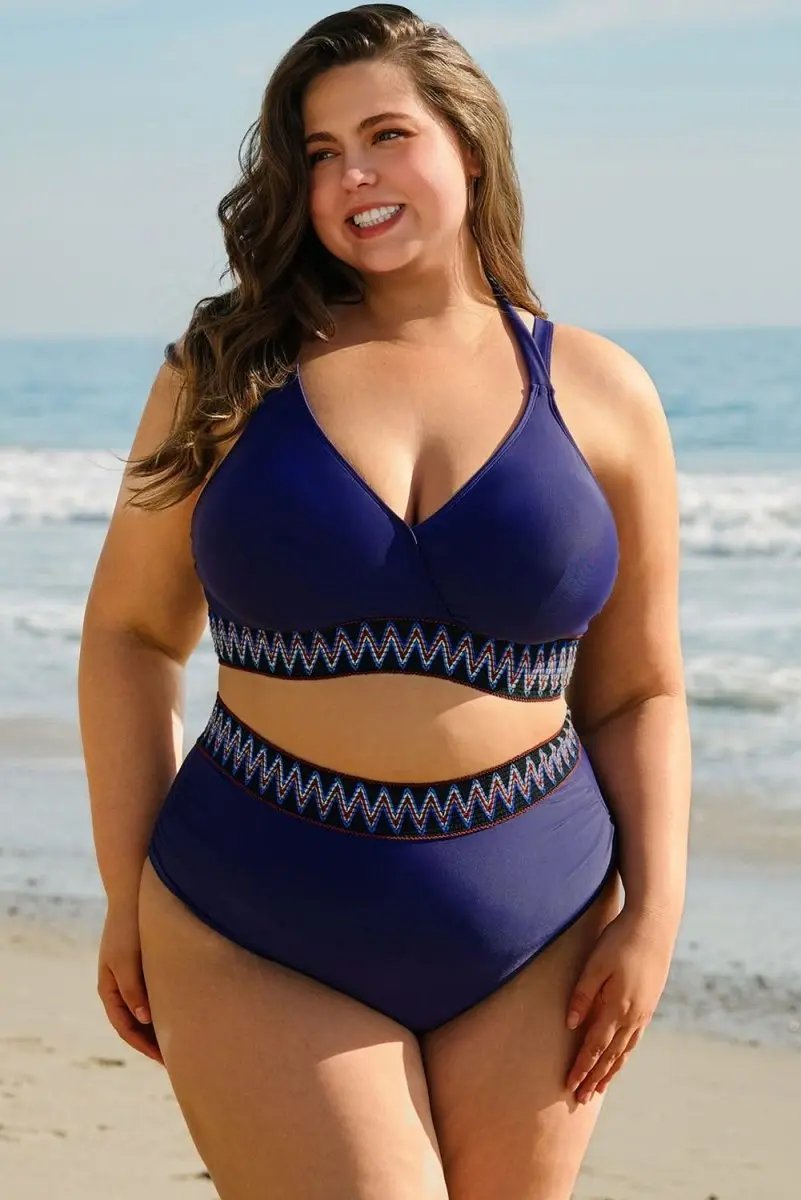 Accessories Love Salve Navy Bikini Plus Size Women's Vacation Swimsuit Embroidered Wrap Tie Detail