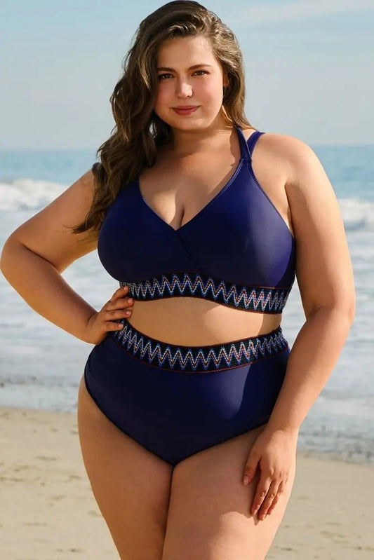 Accessories Love Salve Navy Bikini Plus Size Women's Vacation Swimsuit Embroidered Wrap Tie Detail