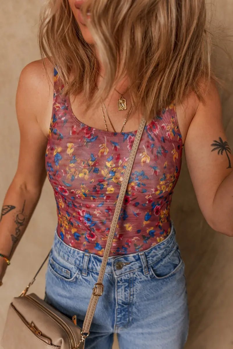 Pants Love Salve Purple Floral Mesh Bodysuit Women's Daily Bohemian Sheer Top